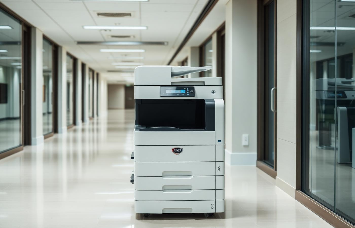 Modern multifunction copier in an office corridor