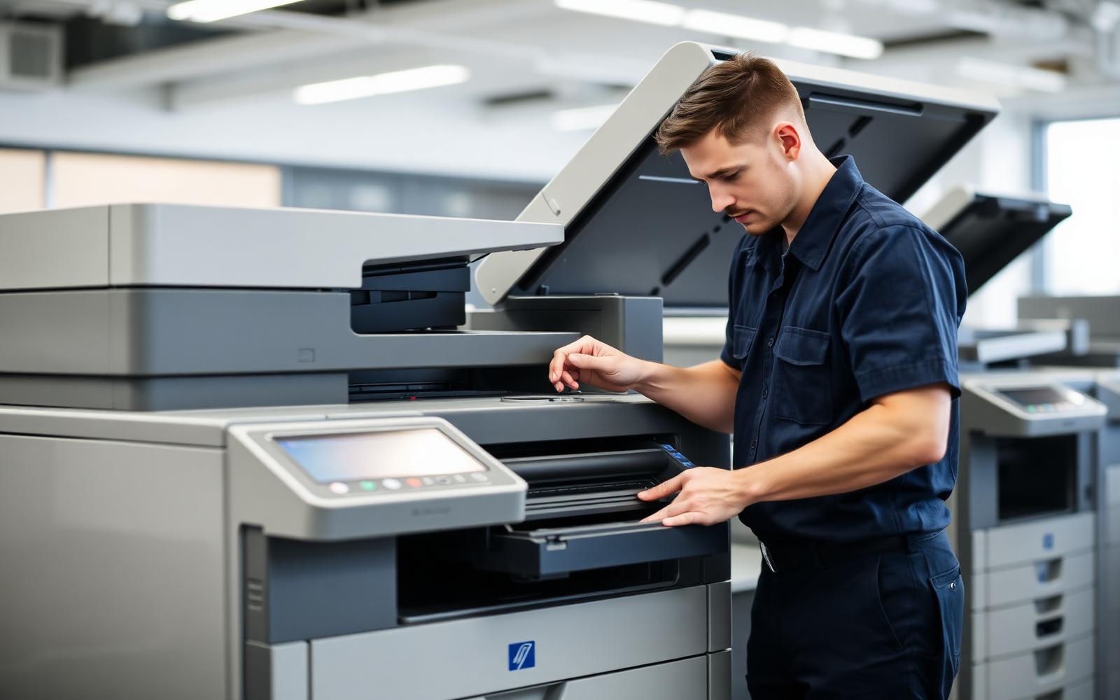 Austintero Co. technician repairing a multifunction office copier in Centennial, Colorado