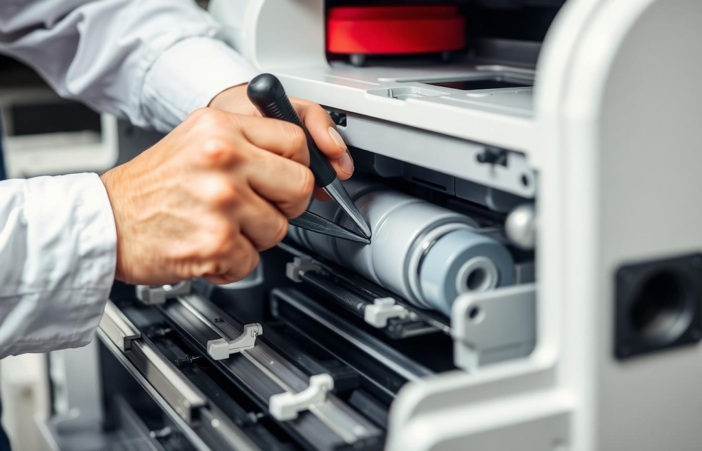 Close-up of a technician replacing copier feed rollers